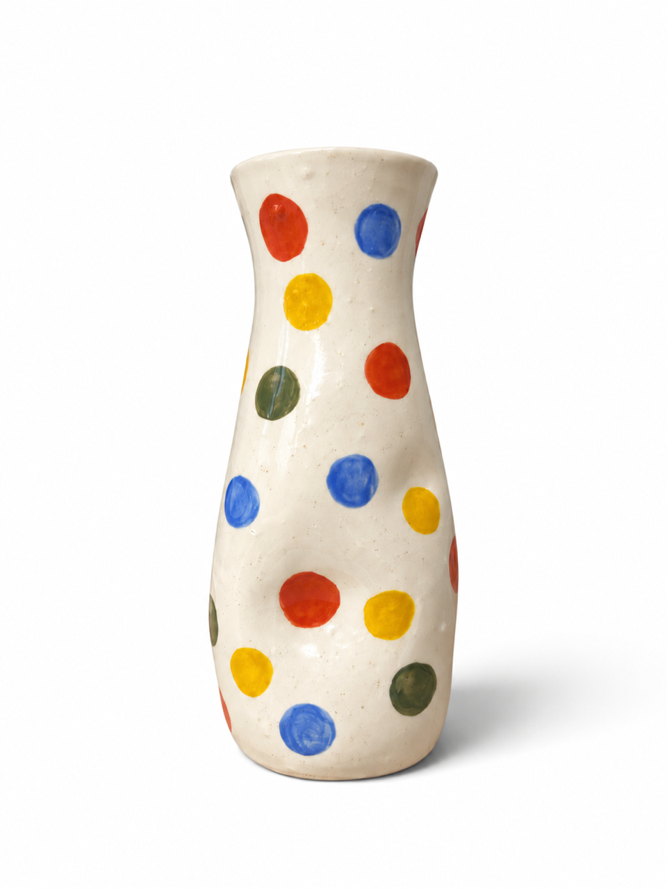 The Itsy-Bitsy Vase with colourful dots on a creamy glaze against a white background